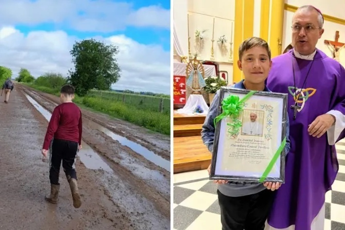 Bendicion papal para un ninio que camino 11 km en el barro para ser confirmado